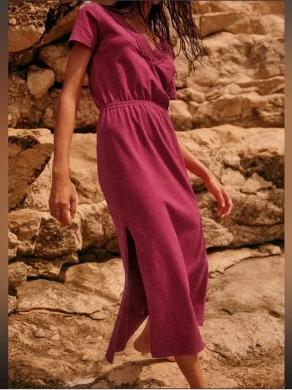 Sezane Spring 2022 Monica Fuchsia Organic Cotton Boho Braided Slit Midi Dress.